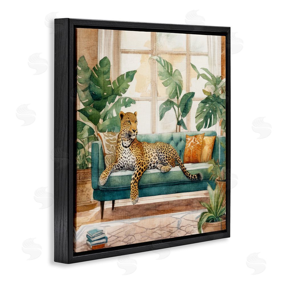 Kim Allen Leopard & House Plants Black Floating Frame Canvas Wall Art Print