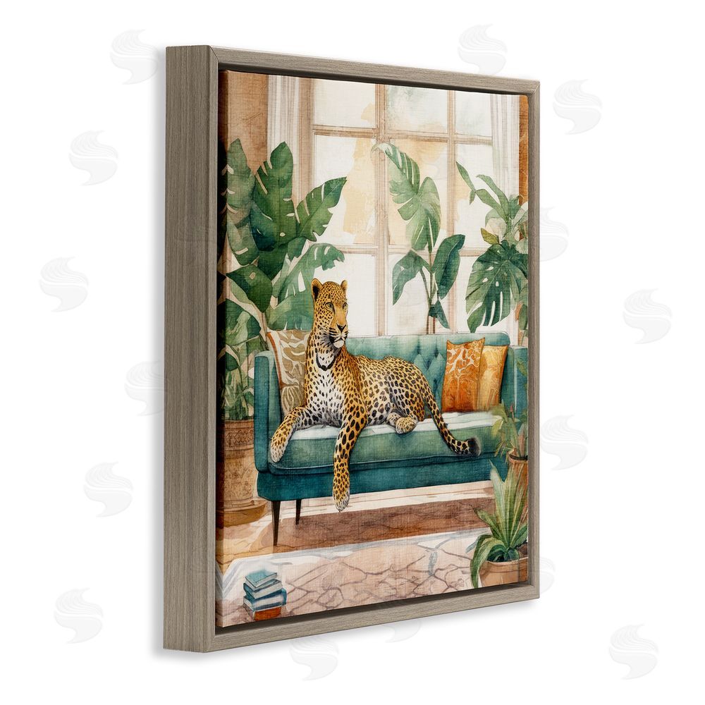 Kim Allen Leopard & House Plants Brown Floating Frame Canvas Wall Art Print
