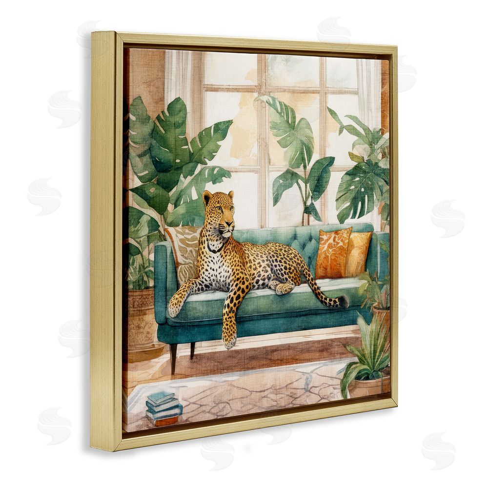 Kim Allen Leopard & House Plants Gold Floating Frame Canvas Wall Art Print