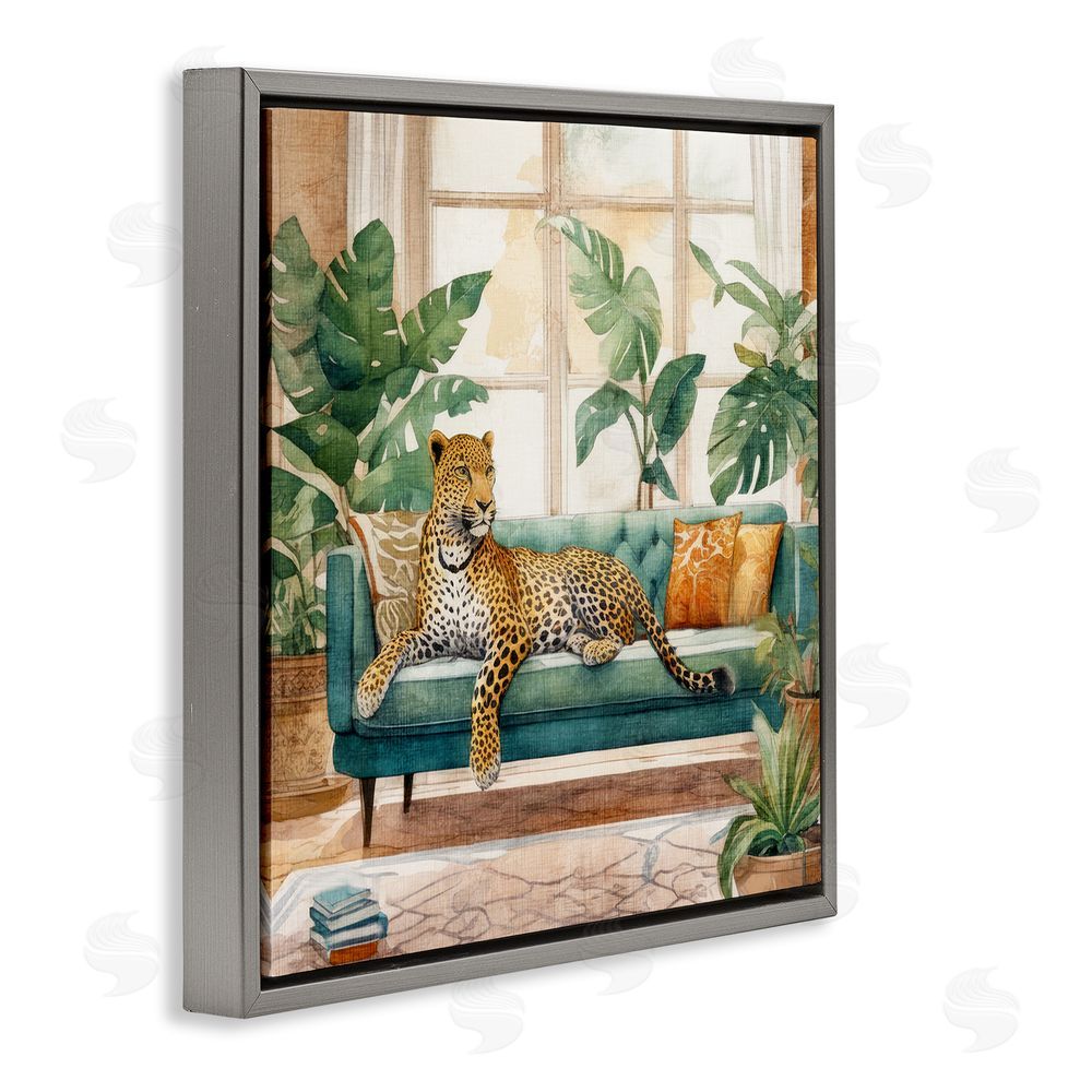 Kim Allen Leopard & House Plants Gray Floating Frame Canvas Wall Art Print