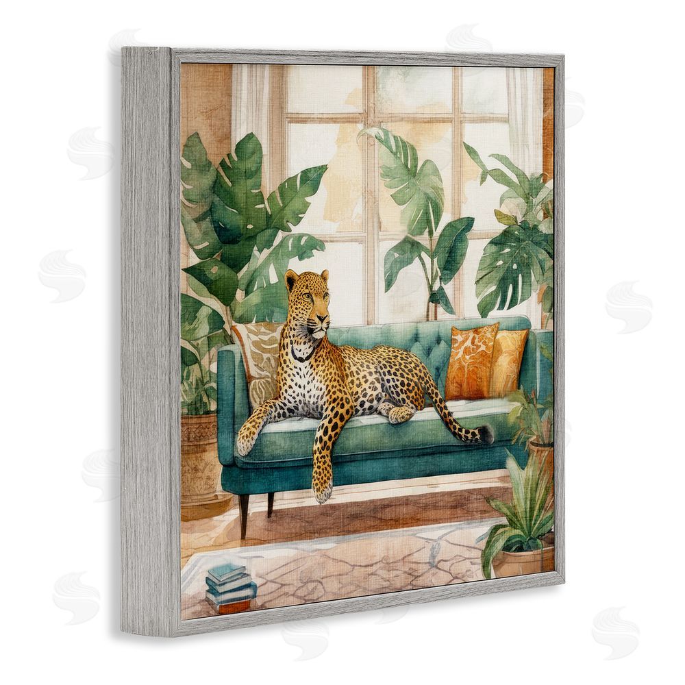 Kim Allen Leopard & House Plants Gray Framed Glicee Wall Art Print