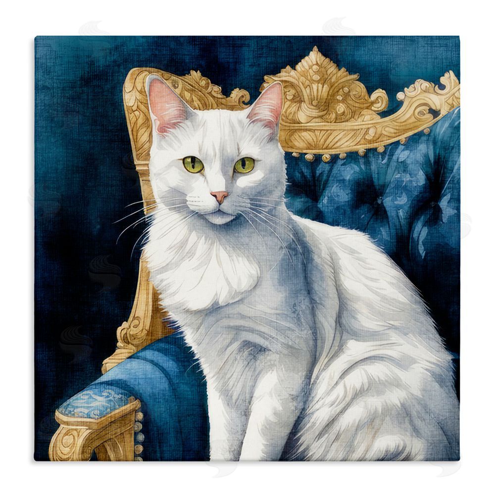 Kim Allen White Cat & Ornate Chair Stretched Canvas Wall Art Print