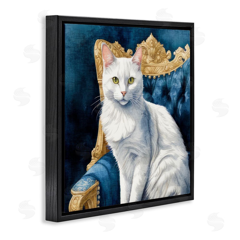 Kim Allen White Cat & Ornate Chair Black Floating Frame Canvas Wall Art Print