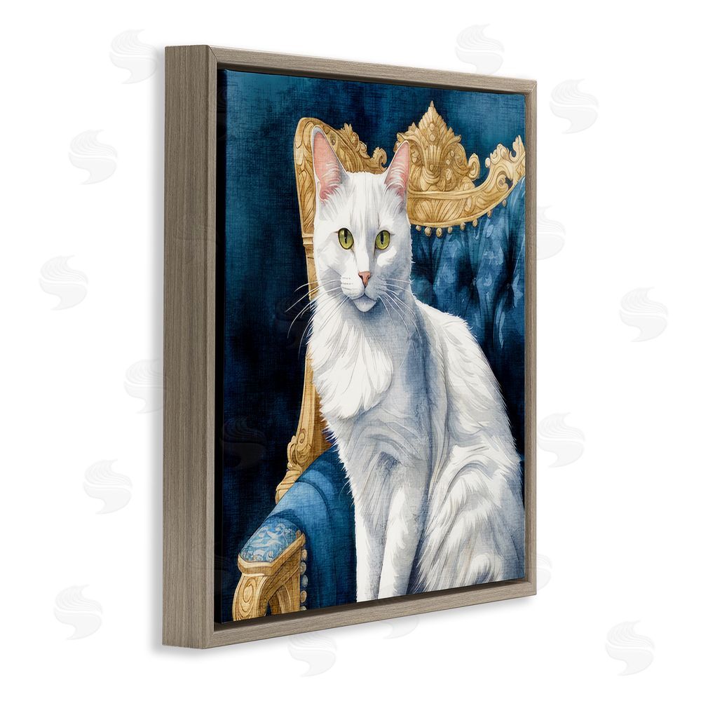 Kim Allen White Cat & Ornate Chair Brown Floating Frame Canvas Wall Art Print