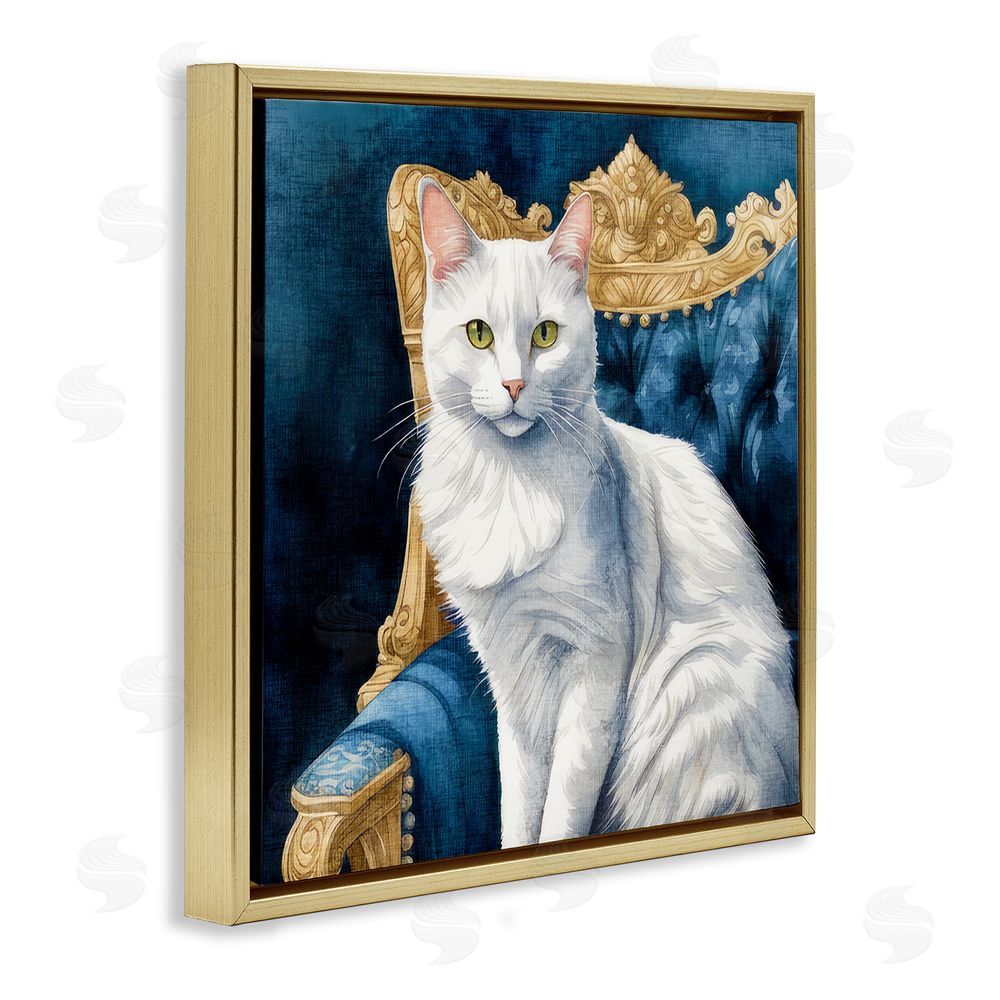 Kim Allen White Cat & Ornate Chair Gold Floating Frame Canvas Wall Art Print