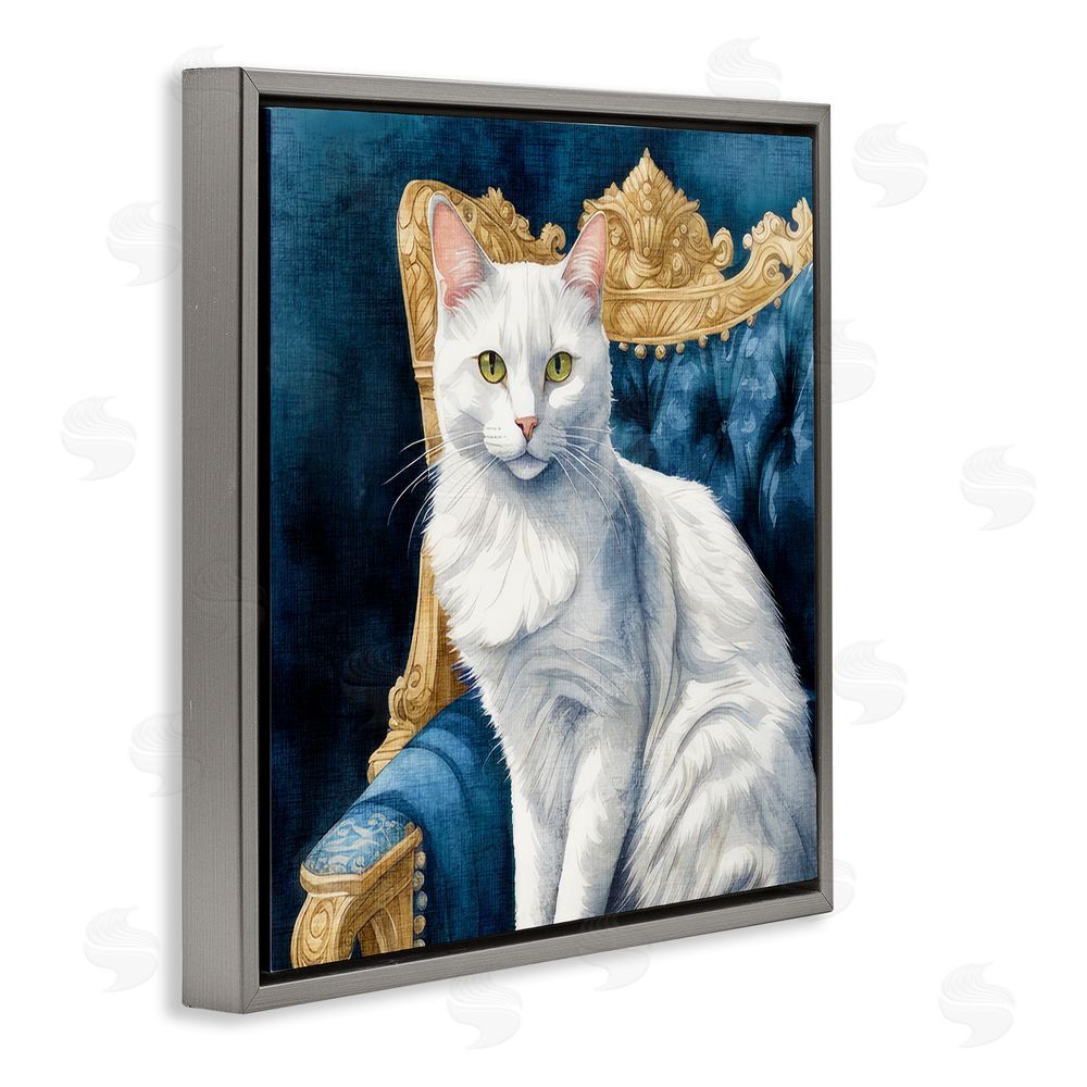 Kim Allen White Cat & Ornate Chair Gray Floating Frame Canvas Wall Art Print