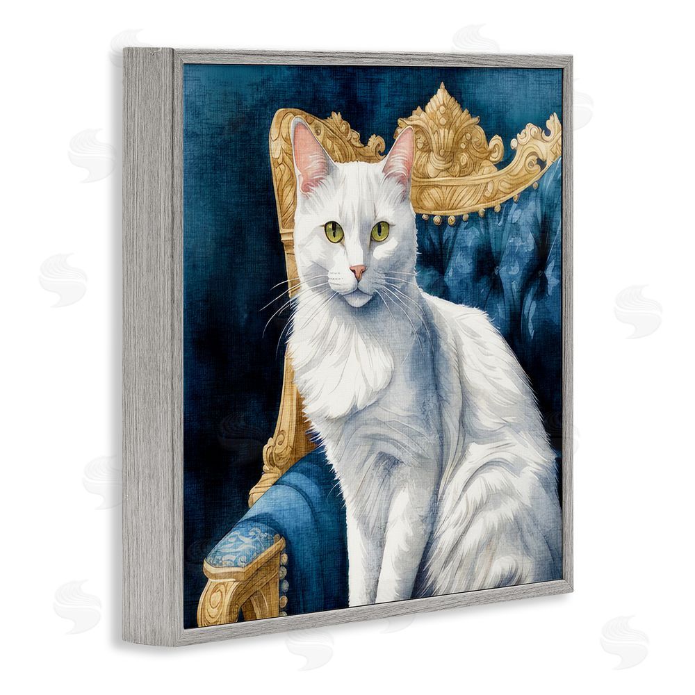 Kim Allen White Cat & Ornate Chair Gray Framed Glicee Wall Art Print