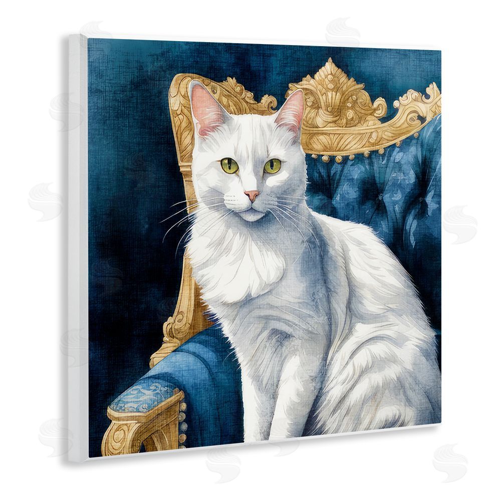 Kim Allen White Cat & Ornate Chair Wooden Wall Plaque Art Print