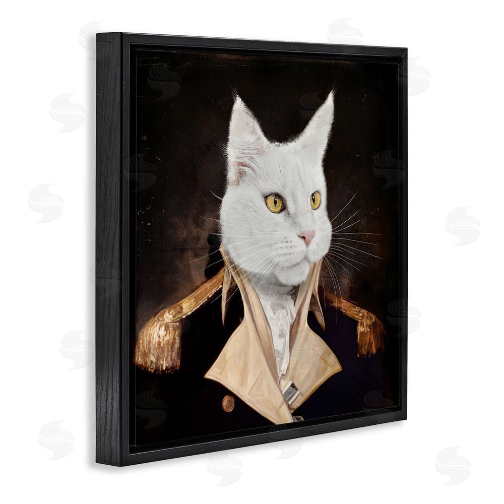 Karen Burke White Cat in Uniform Black Floating Frame Canvas Wall Art Print