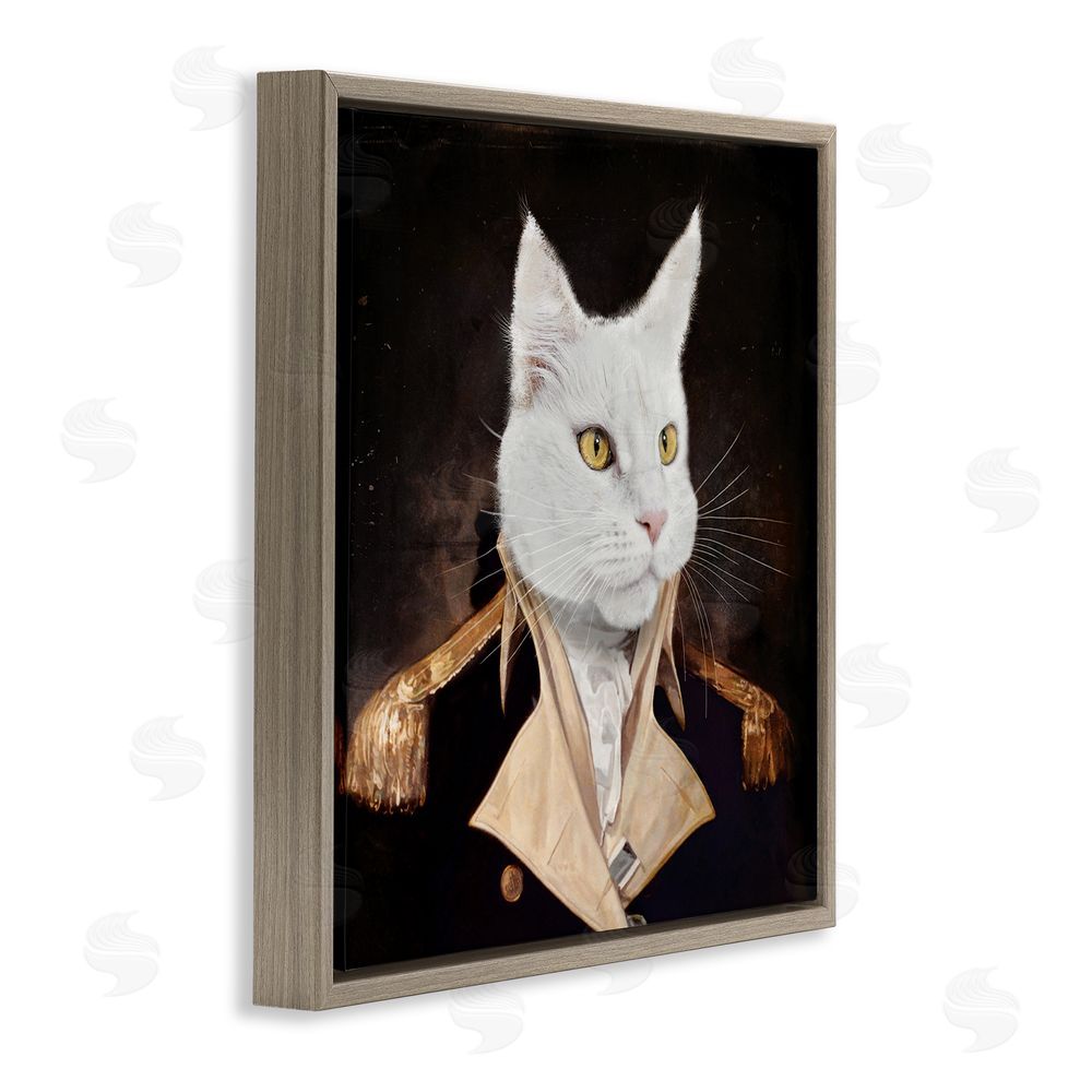 Karen Burke White Cat in Uniform Brown Floating Frame Canvas Wall Art Print
