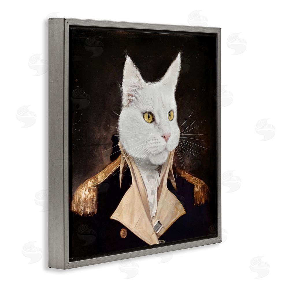 Karen Burke White Cat in Uniform Gray Floating Frame Canvas Wall Art Print
