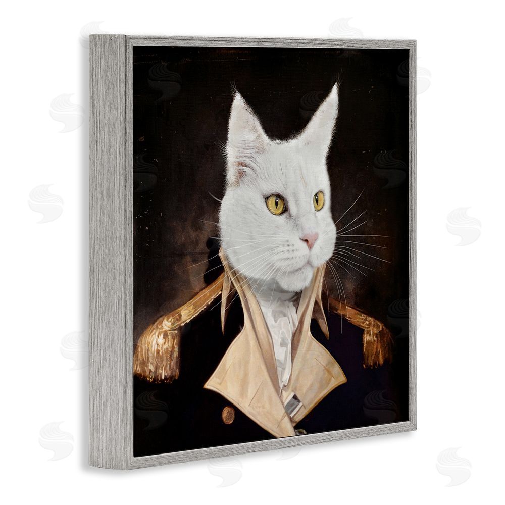 Karen Burke White Cat in Uniform Gray Framed Glicee Wall Art Print