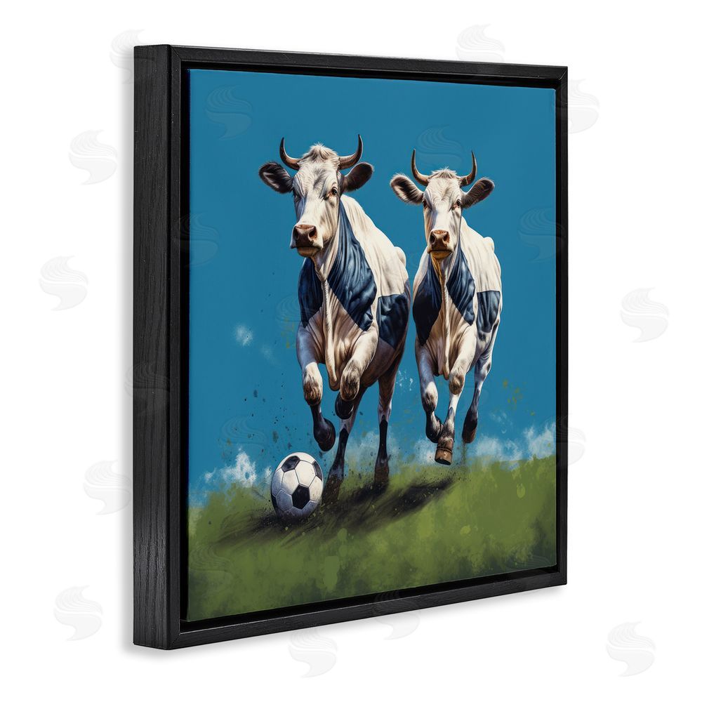Lazar Studio Cows Playing Soccer Black Floating Frame Canvas Wall Art Print