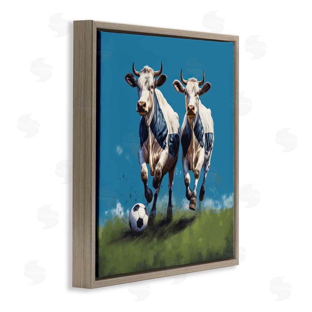 Lazar Studio Cows Playing Soccer Brown Floating Frame Canvas Wall Art Print
