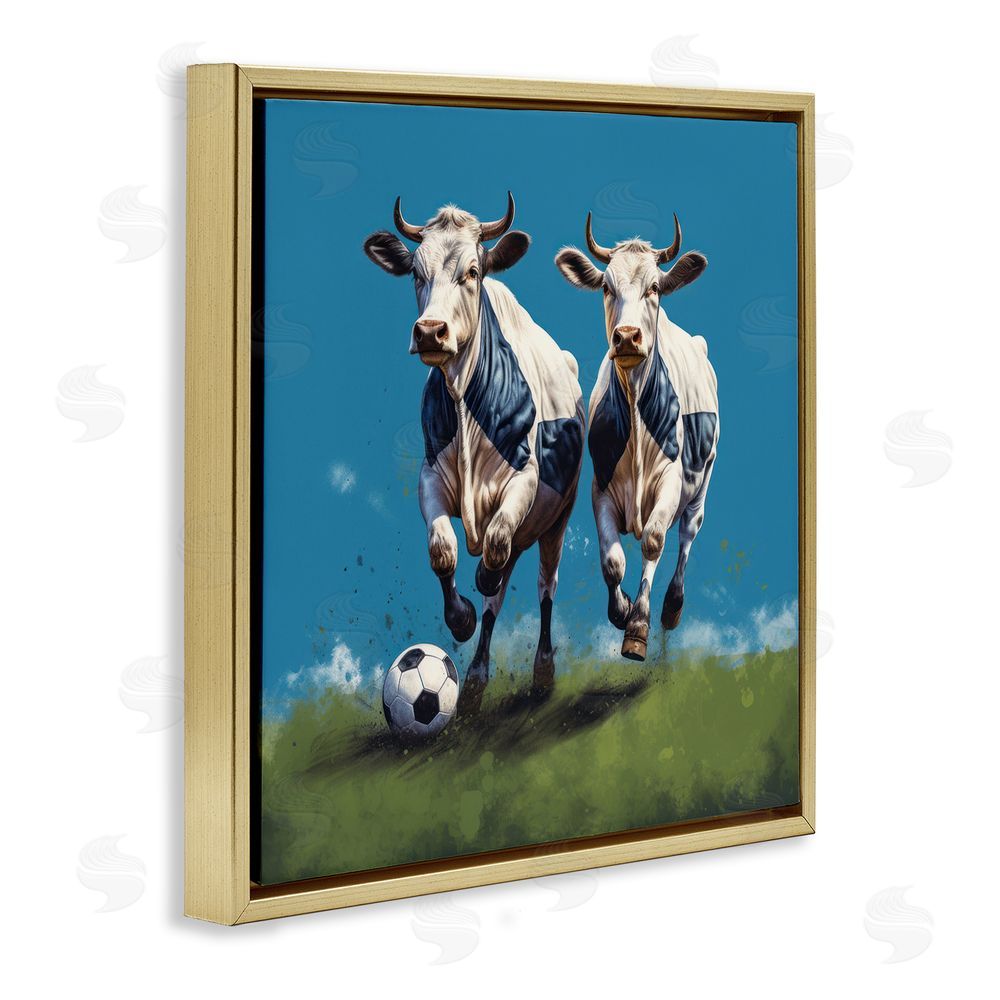 Lazar Studio Cows Playing Soccer Gold Floating Frame Canvas Wall Art Print