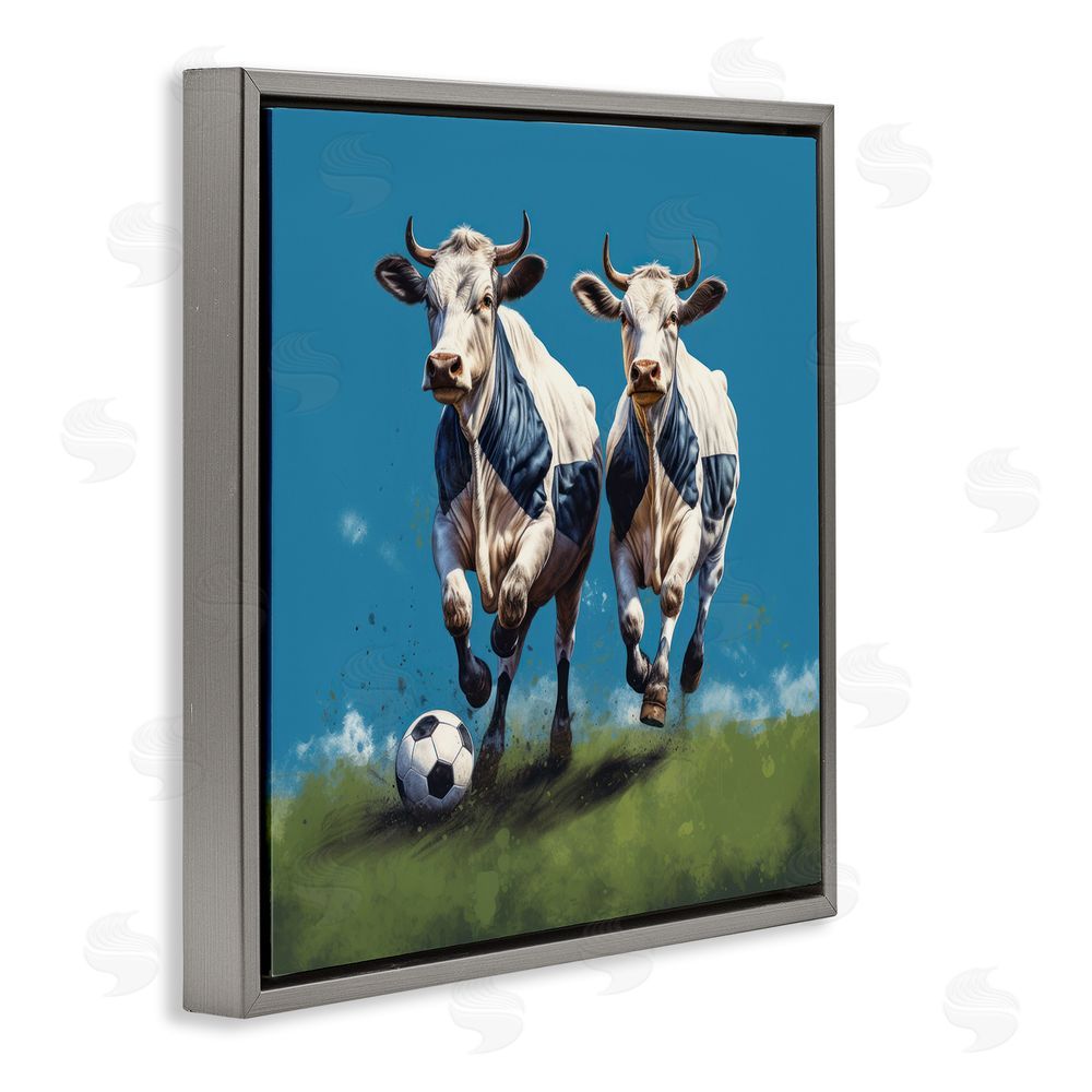 Lazar Studio Cows Playing Soccer Gray Floating Frame Canvas Wall Art Print