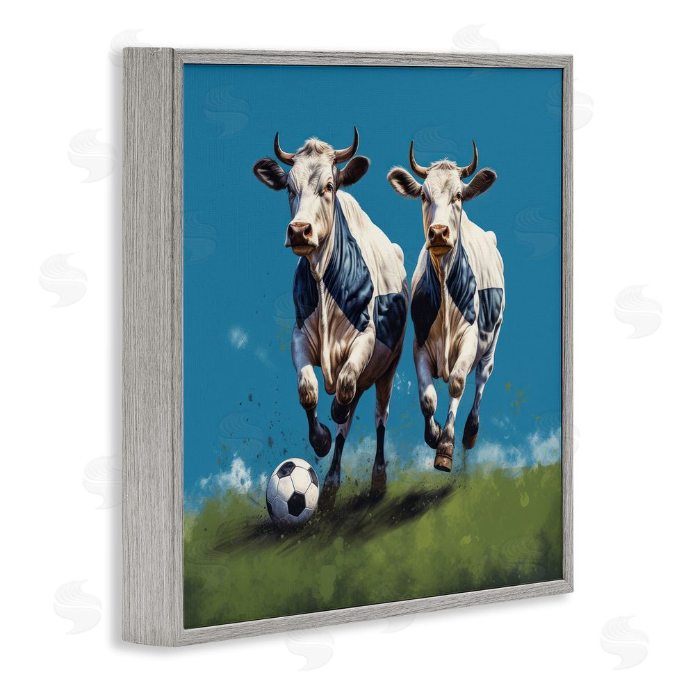 Lazar Studio Cows Playing Soccer Gray Framed Glicee Wall Art Print