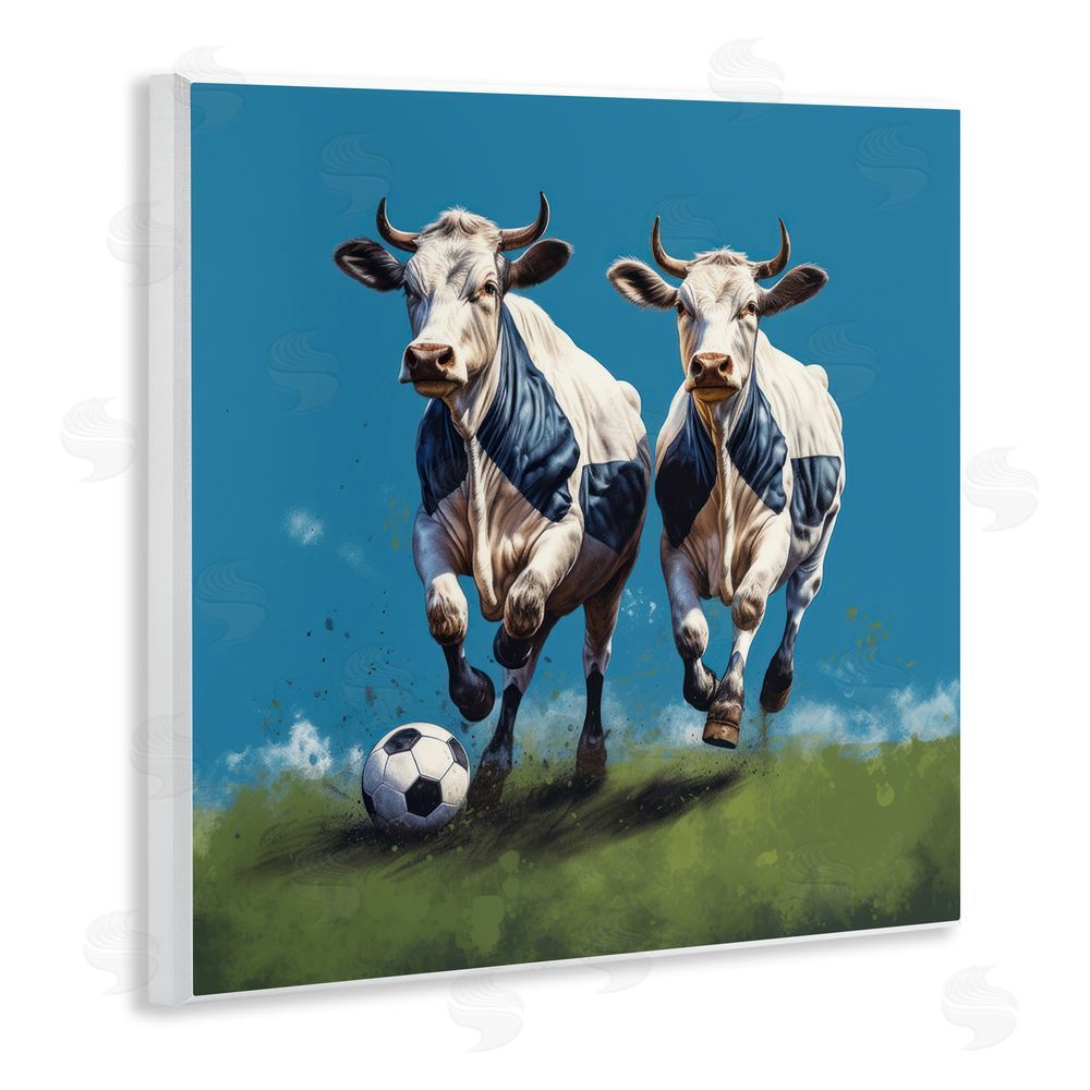 Lazar Studio Cows Playing Soccer Wooden Wall Plaque Art Print