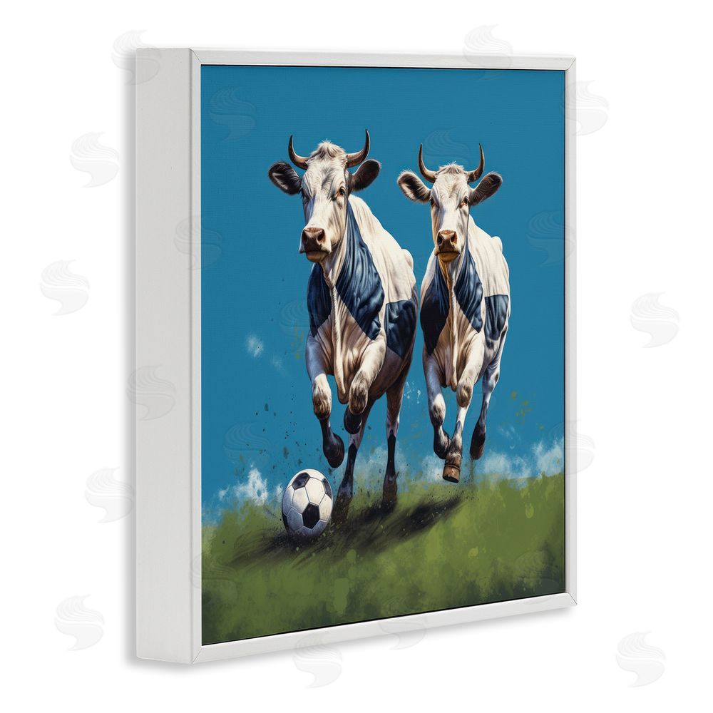 Lazar Studio Cows Playing Soccer White Framed Glicee Wall Art Print