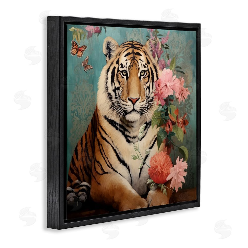 Lazar Studio Vintage Tiger & Bouquet Black Floating Frame Canvas Wall Art Print