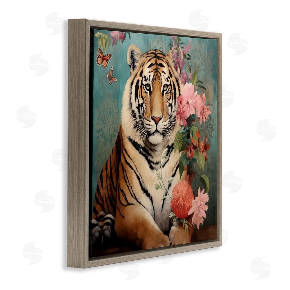 Lazar Studio Vintage Tiger & Bouquet Brown Floating Frame Canvas Wall Art Print