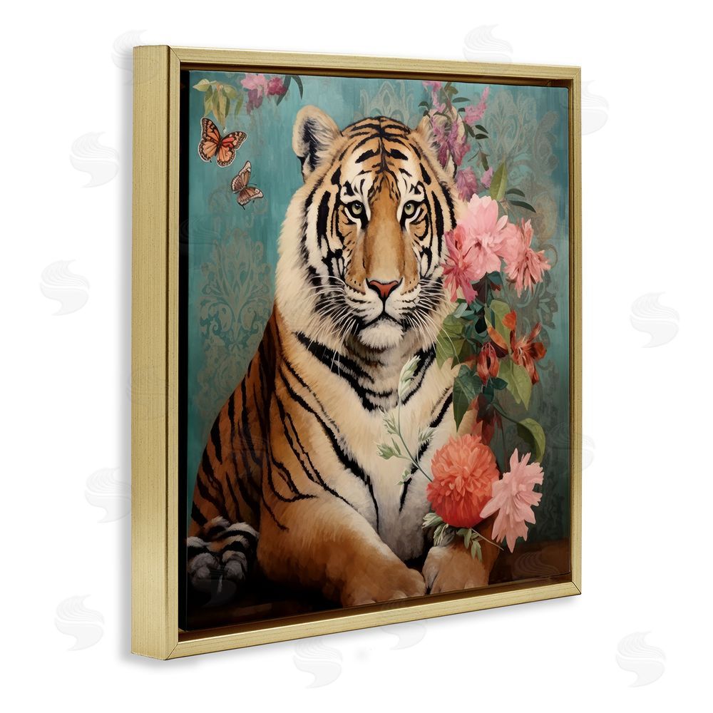 Lazar Studio Vintage Tiger & Bouquet Gold Floating Frame Canvas Wall Art Print