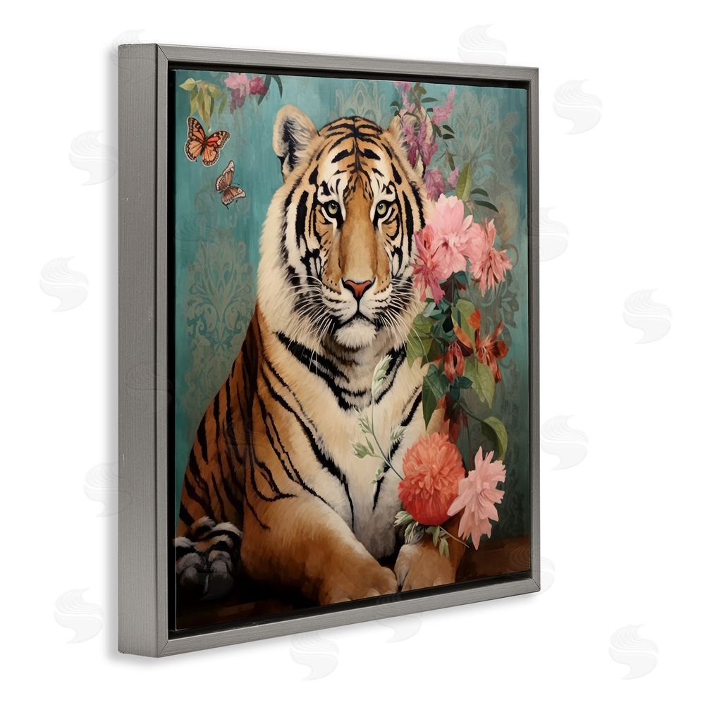 Lazar Studio Vintage Tiger & Bouquet Gray Floating Frame Canvas Wall Art Print