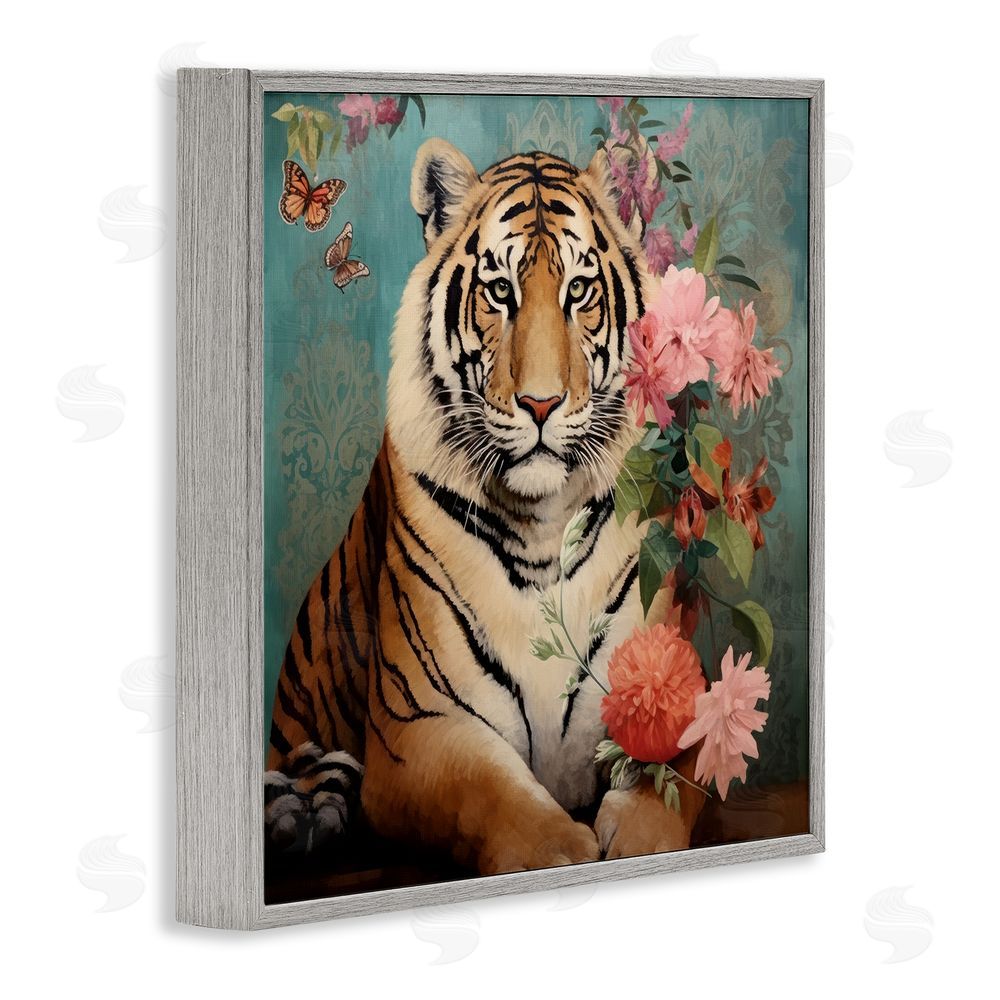 Lazar Studio Vintage Tiger & Bouquet Gray Framed Glicee Wall Art Print