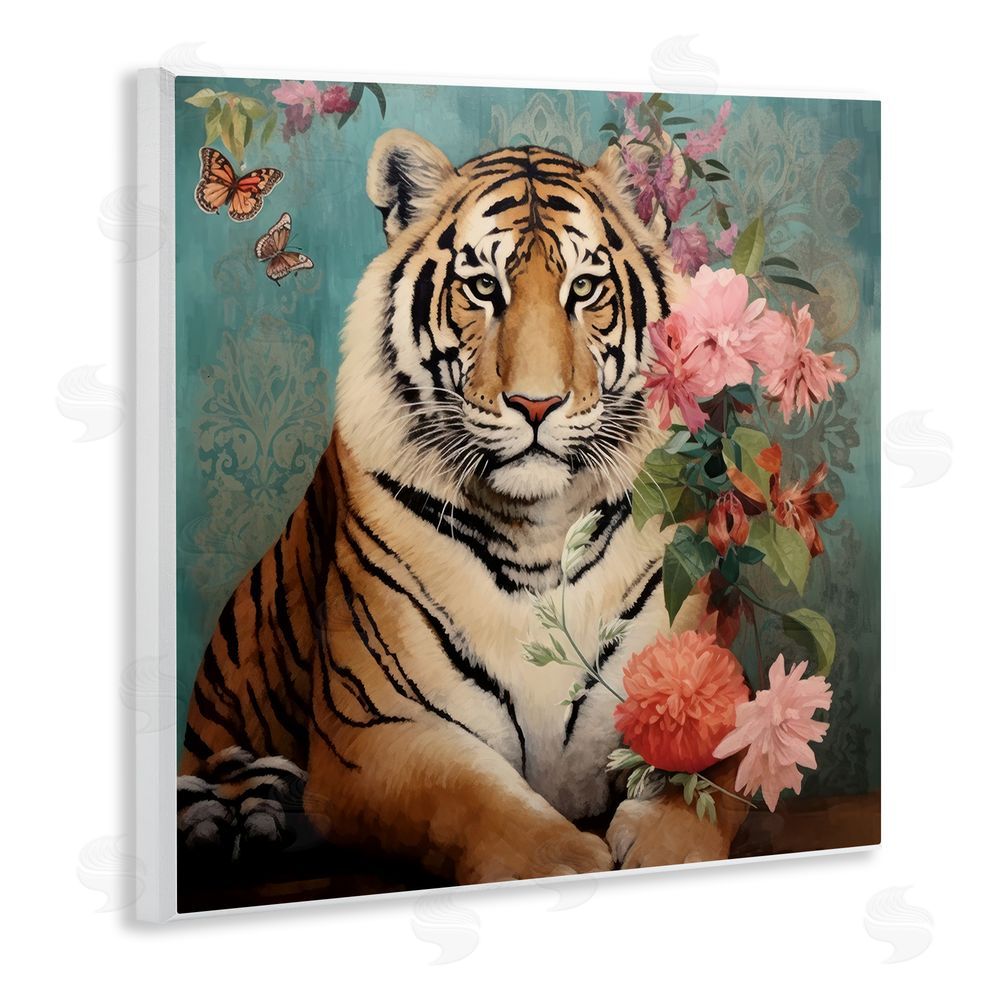 Lazar Studio Vintage Tiger & Bouquet Wooden Wall Plaque Art Print