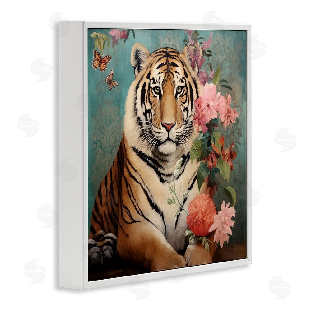 Lazar Studio Vintage Tiger & Bouquet White Framed Glicee Wall Art Print