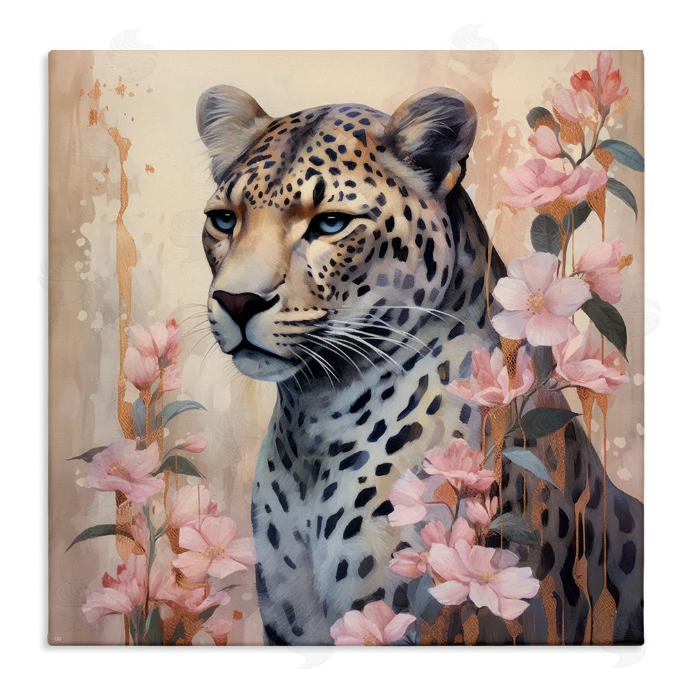 Lazar Studio Leopard with Pink Flowers Stretched Canvas Wall Art Print