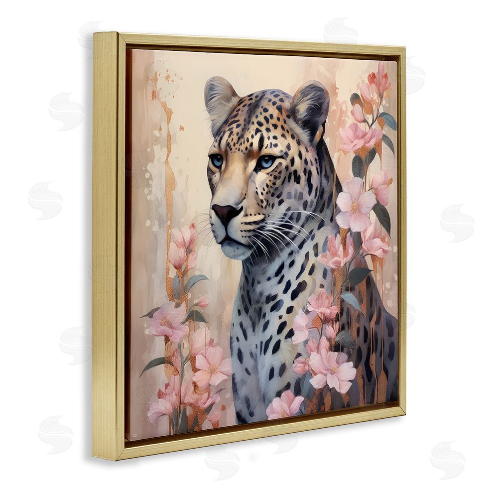Lazar Studio Leopard with Pink Flowers Gold Floating Frame Canvas Wall Art Print