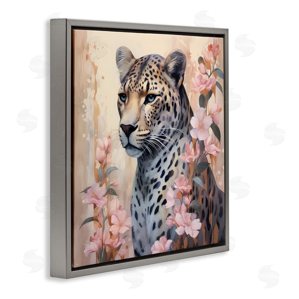 Lazar Studio Leopard with Pink Flowers Gray Floating Frame Canvas Wall Art Print