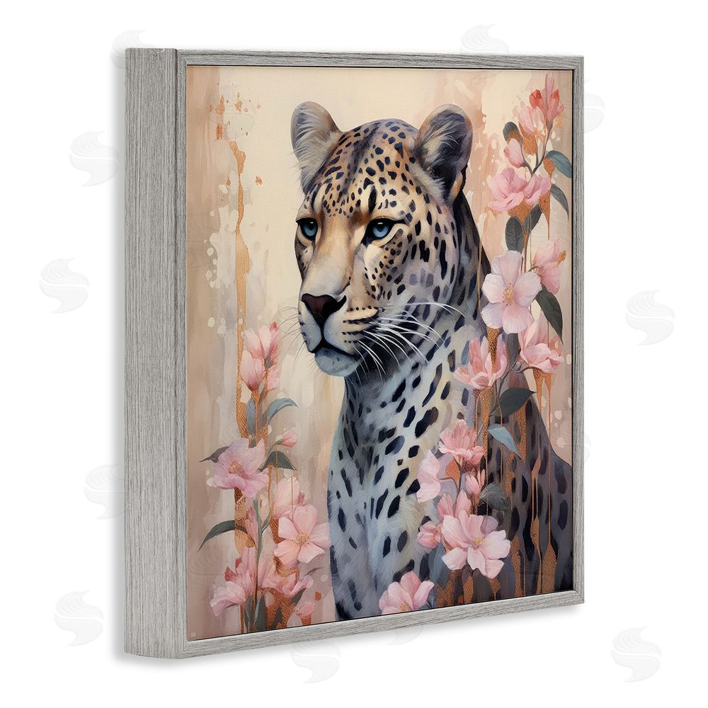 Lazar Studio Leopard with Pink Flowers Gray Framed Glicee Wall Art Print
