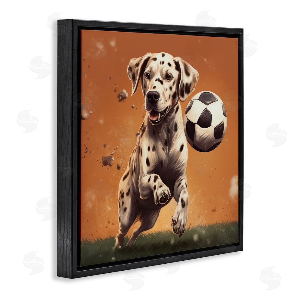 Lazar Studio Dog Playing Soccer Black Floating Frame Canvas Wall Art Print