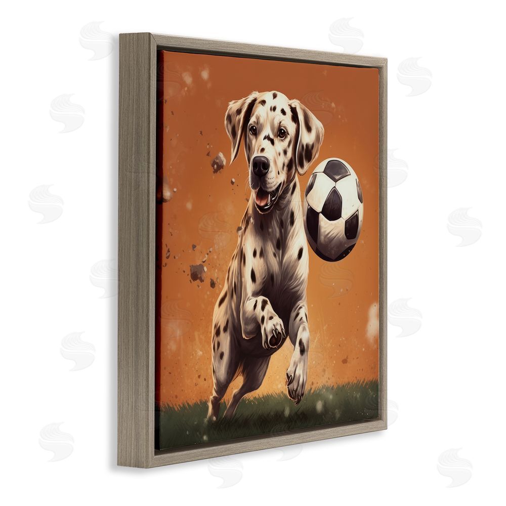 Lazar Studio Dog Playing Soccer Brown Floating Frame Canvas Wall Art Print