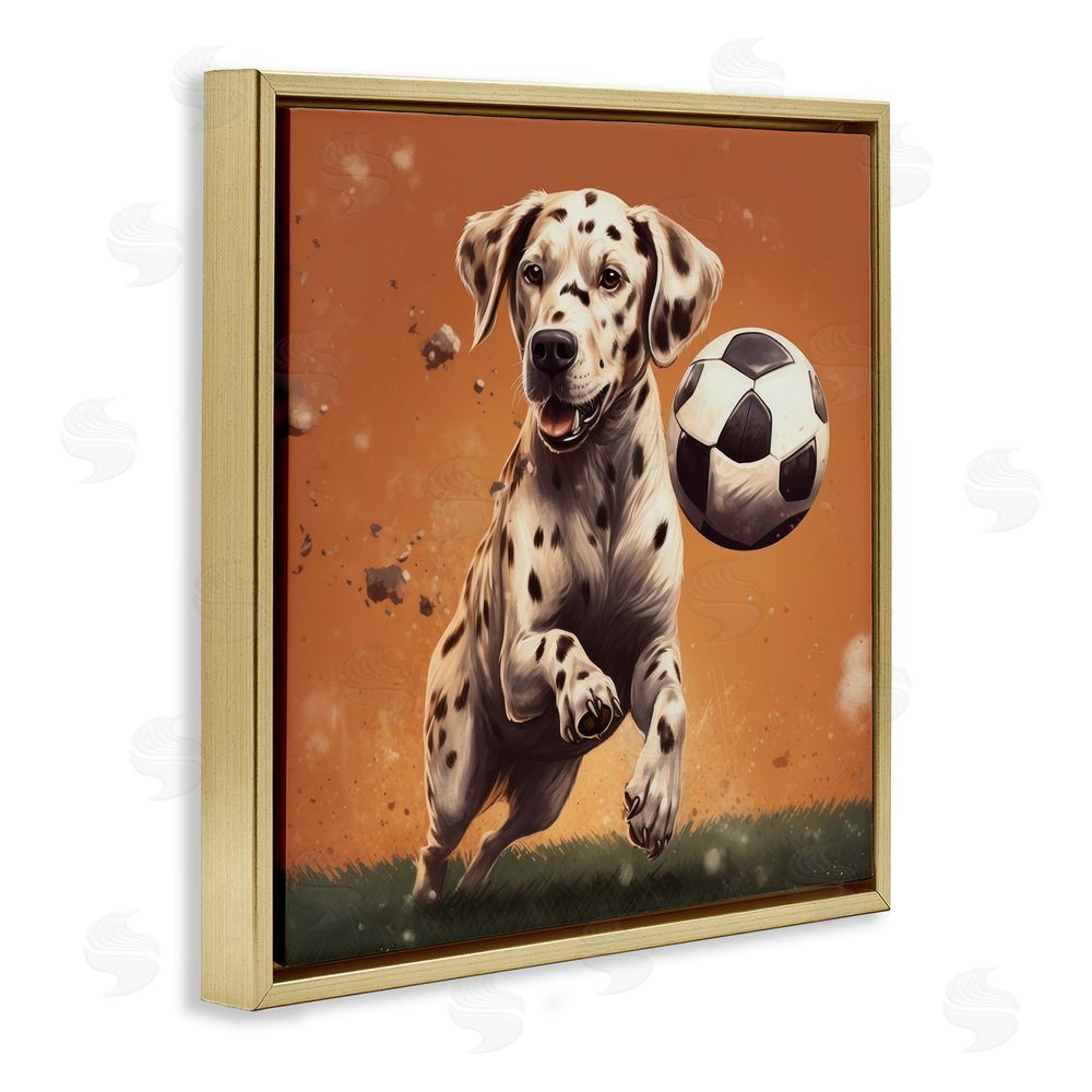 Lazar Studio Dog Playing Soccer Gold Floating Frame Canvas Wall Art Print