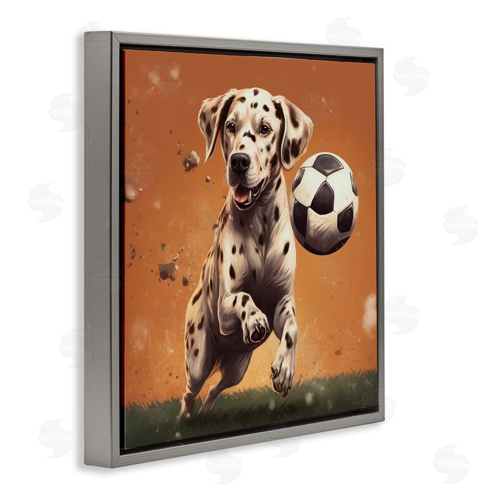 Lazar Studio Dog Playing Soccer Gray Floating Frame Canvas Wall Art Print