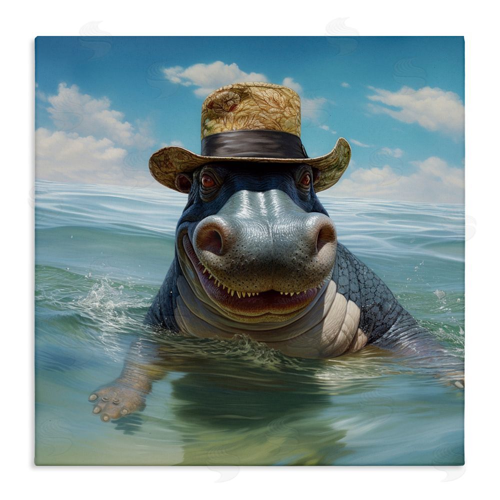Lazar Studio Hippo with Trendy Hat Stretched Canvas Wall Art Print