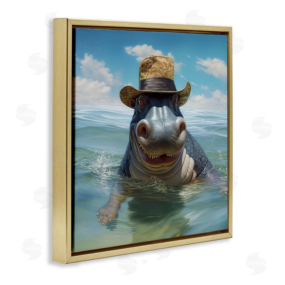 Lazar Studio Hippo with Trendy Hat Gold Floating Frame Canvas Wall Art Print
