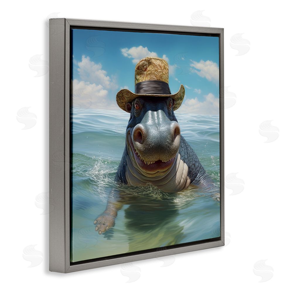 Lazar Studio Hippo with Trendy Hat Gray Floating Frame Canvas Wall Art Print