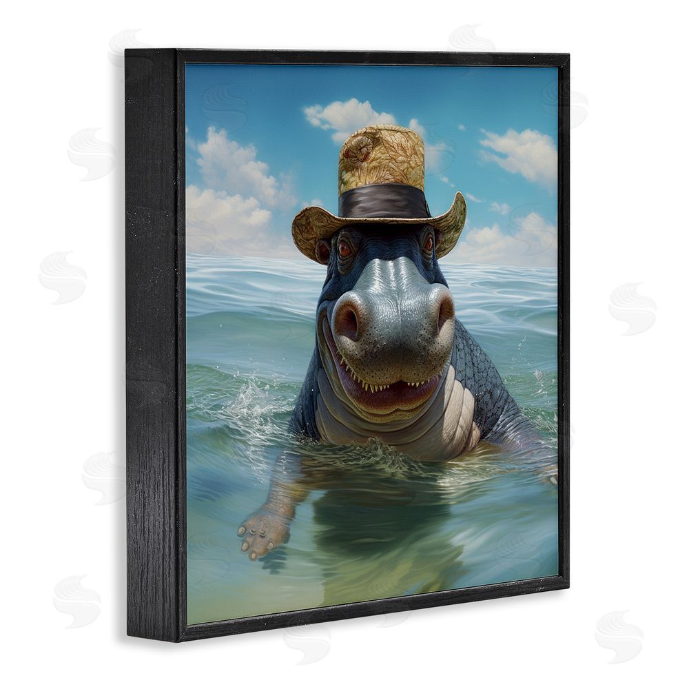 Lazar Studio Hippo with Trendy Hat Black Framed Glicee Wall Art Print