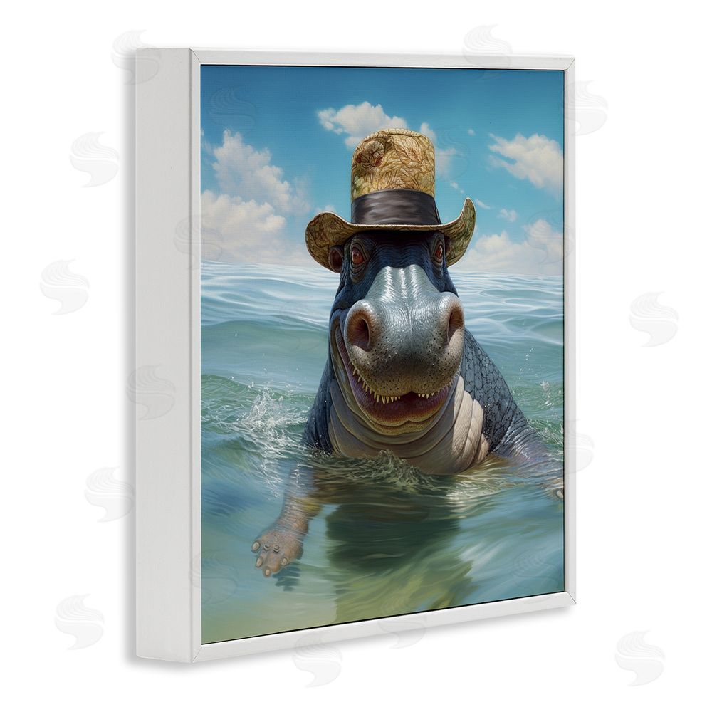 Lazar Studio Hippo with Trendy Hat White Framed Glicee Wall Art Print