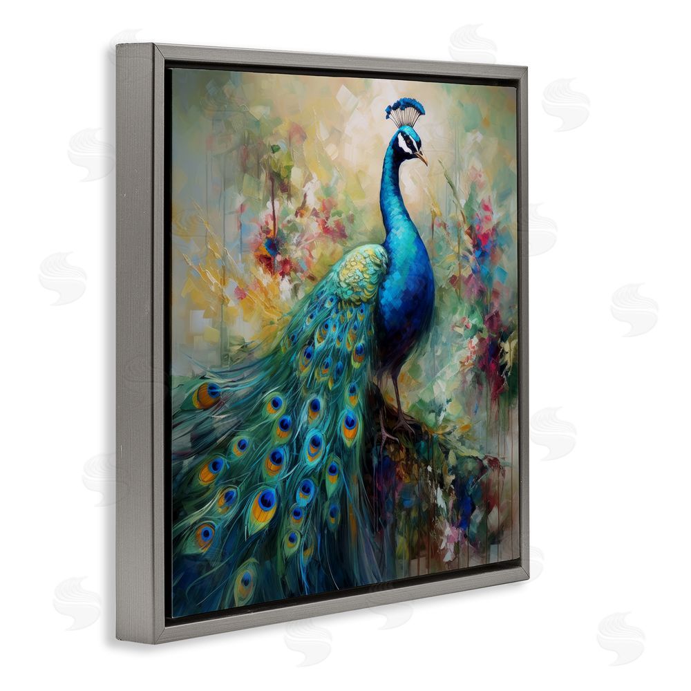 Lazar Studio Floral Peacock Pattern Gray Floating Frame Canvas Wall Art Print