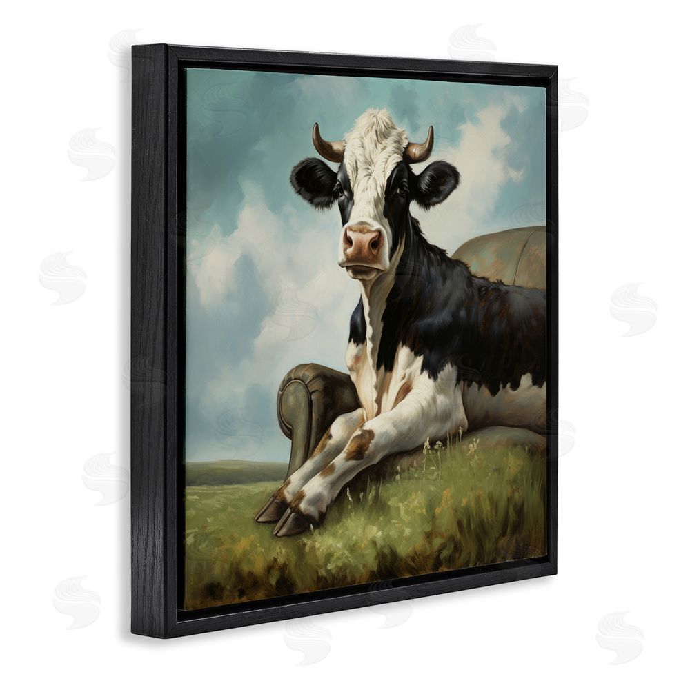 Lazar Studio Cow on Country Couch Black Floating Frame Canvas Wall Art Print