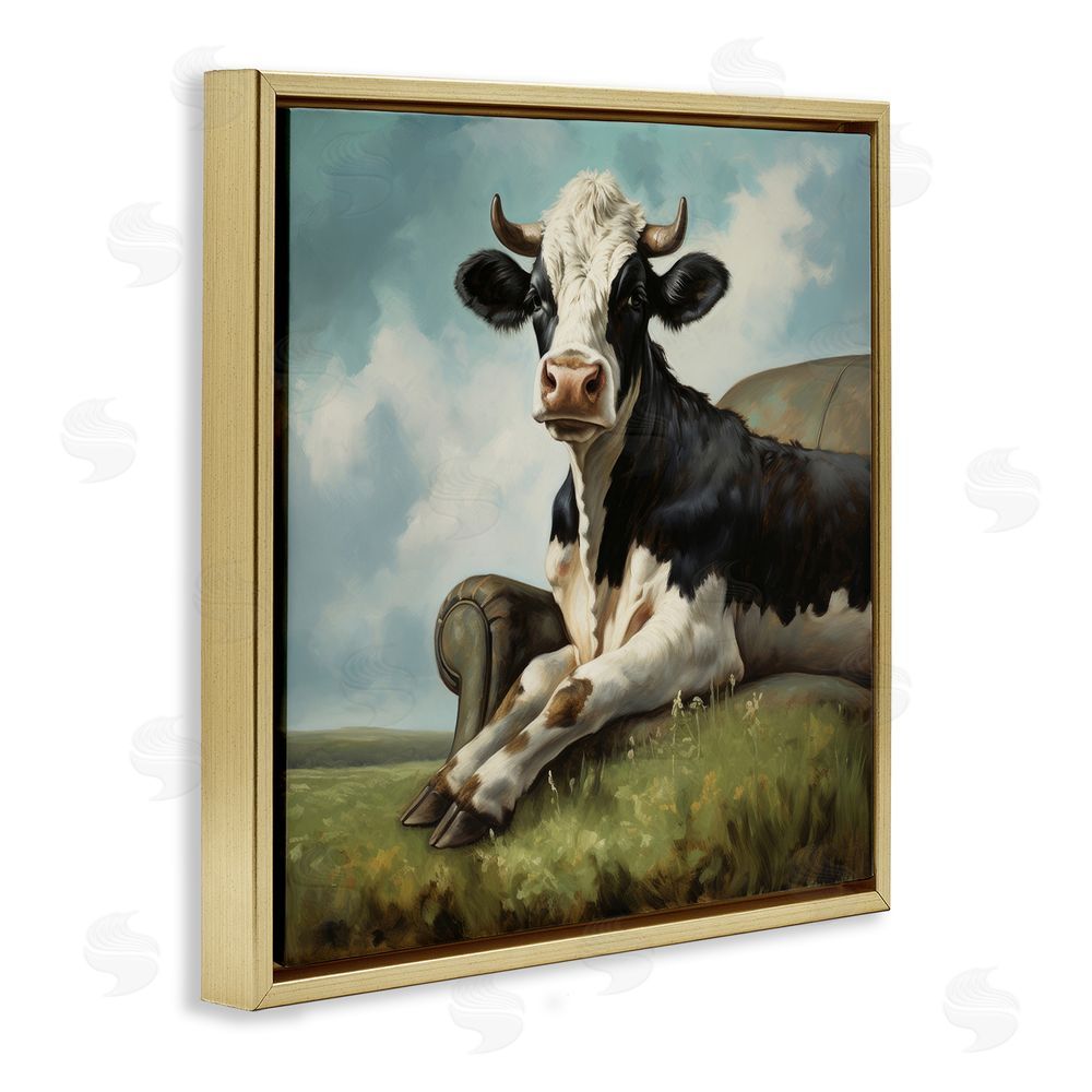 Lazar Studio Cow on Country Couch Gold Floating Frame Canvas Wall Art Print