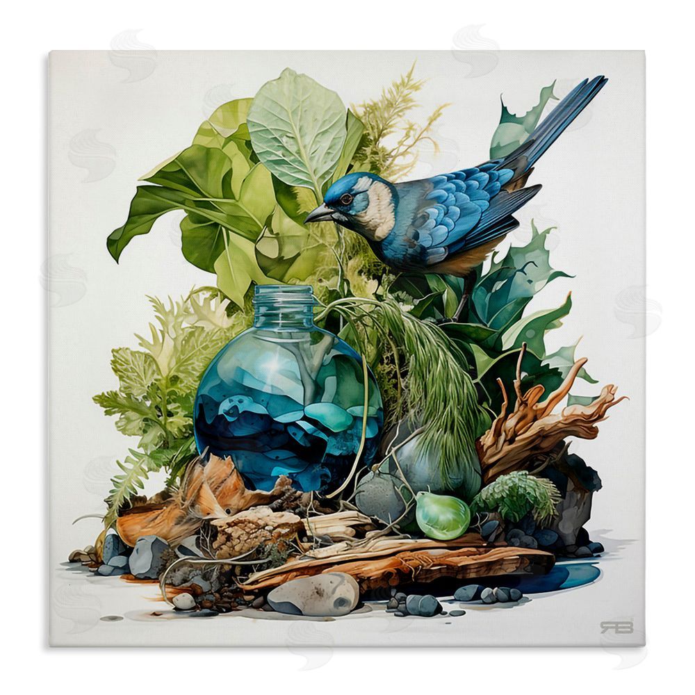 RB Bluebird & Woodland Plants Stretched Canvas Wall Art Print