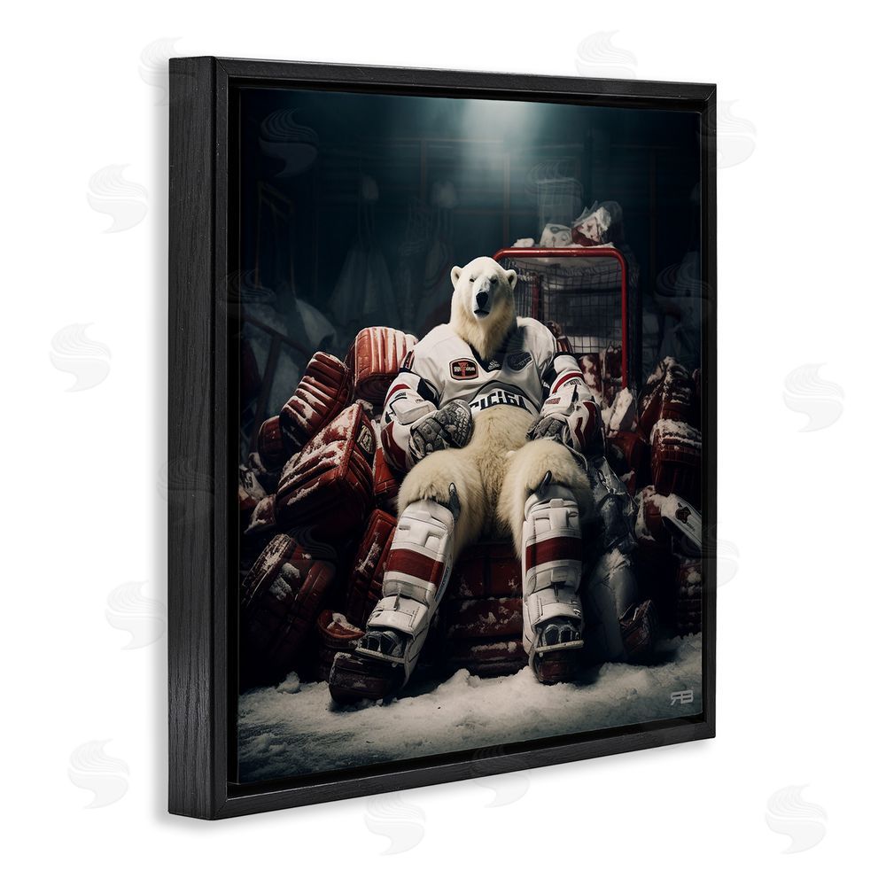 RB Hockey Player Polar Bear Black Floating Frame Canvas Wall Art Print