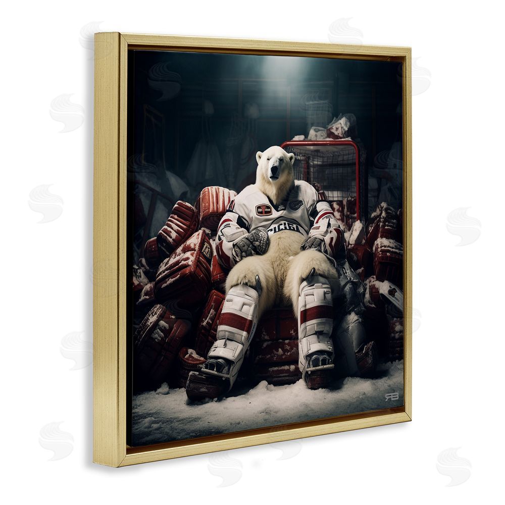 RB Hockey Player Polar Bear Gold Floating Frame Canvas Wall Art Print