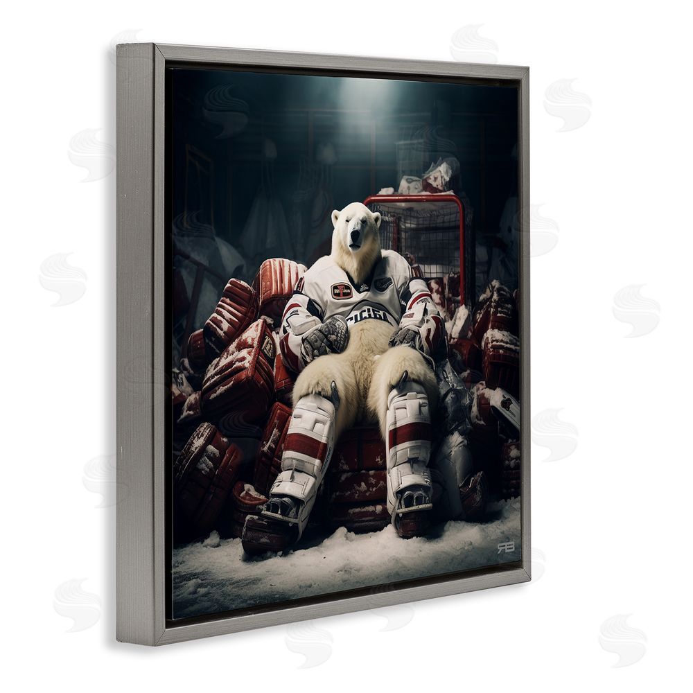 RB Hockey Player Polar Bear Gray Floating Frame Canvas Wall Art Print